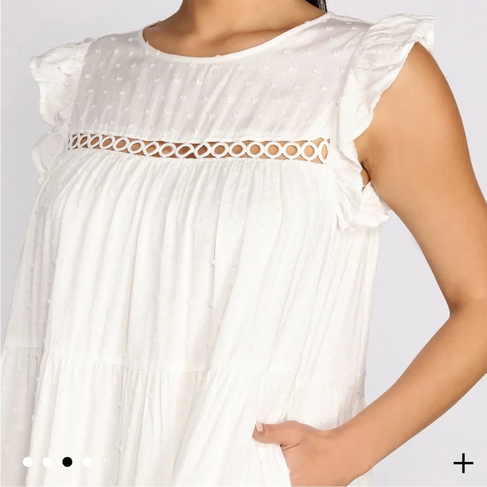 NWT Aakaa White Sleeveless Flutter Swiss Dot Baby doll Mini Sundress w/Pockets S - Picture 4 of 16